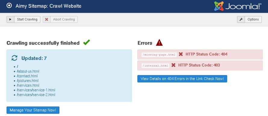 Report shown after crawling your Joomla! website with Aimy Sitemap