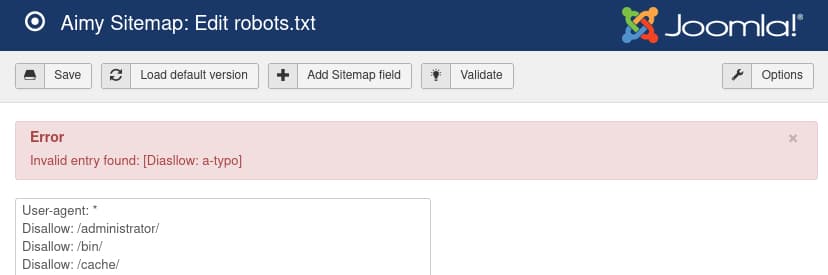 Aimy Sitemap robots.txt validator reveals a typo